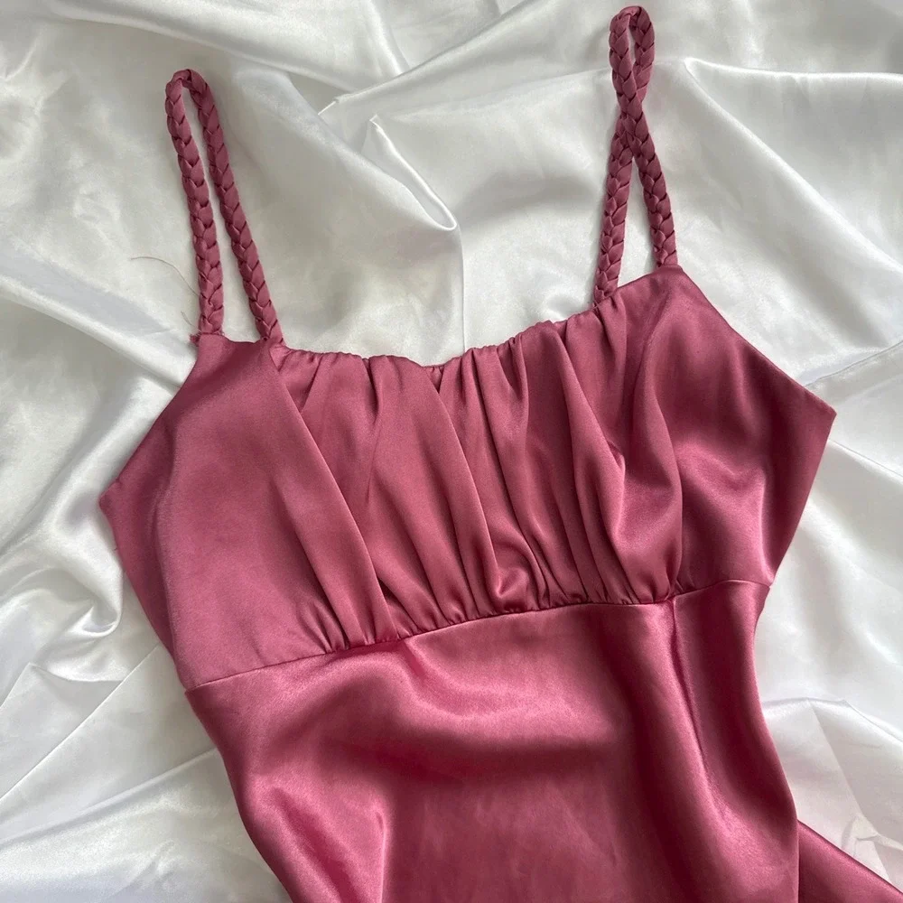 BCX Rose Pink Satin Braided Strap Ruched Bust Empire Waist Camisole Top Small